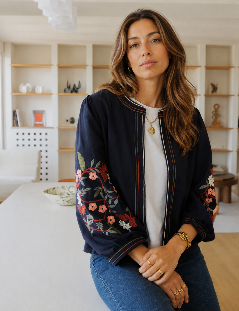 Cerise Blue Abbie Floral Embroidered Jacket | Navy T2028