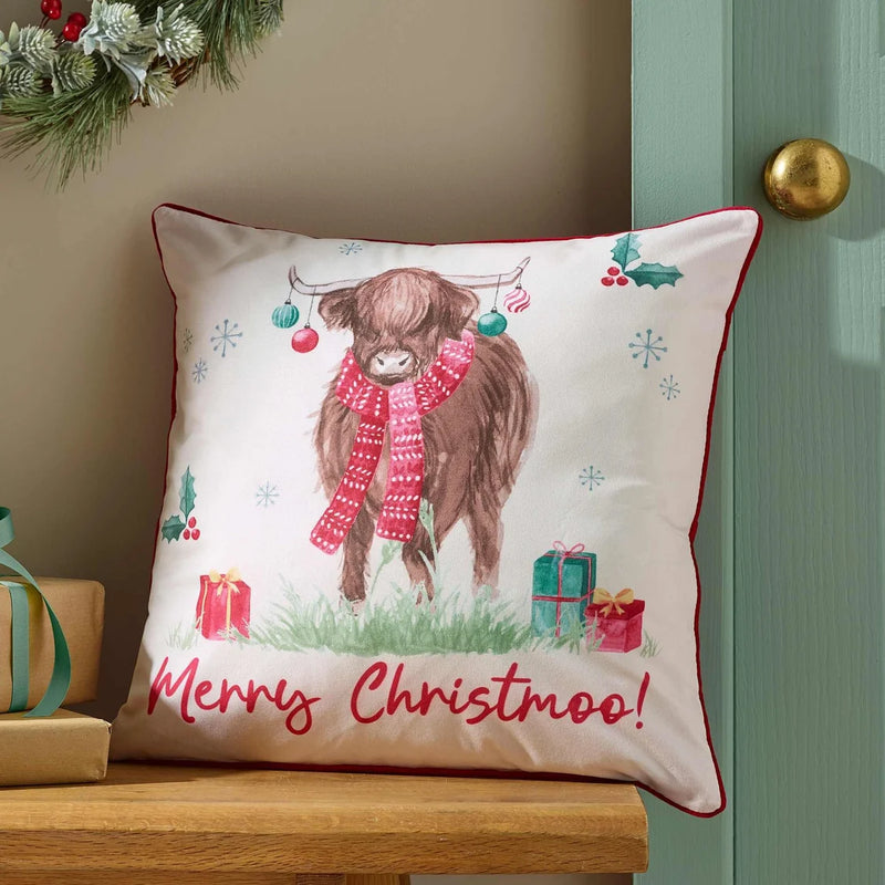 Catherine Lansfield Filled Highland Cow Happy Christmoo Cushion | Natural 385740