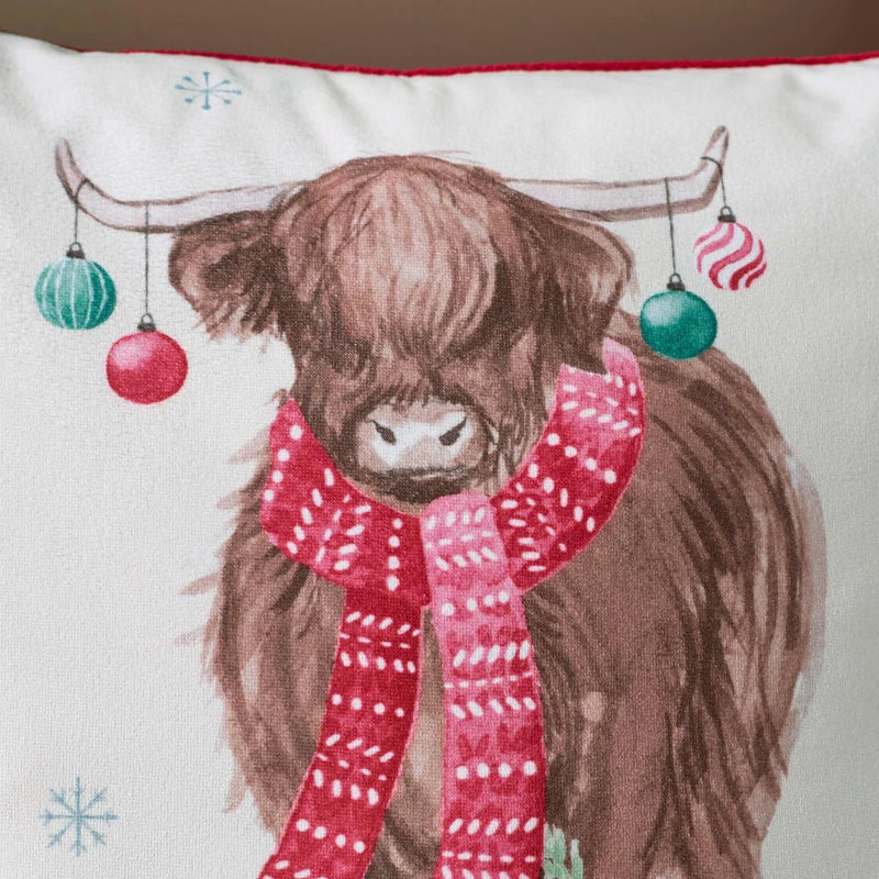 Catherine Lansfield Filled Highland Cow Happy Christmoo Cushion | Natural 385740