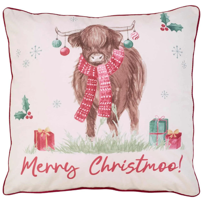 Catherine Lansfield Filled Highland Cow Happy Christmoo Cushion | Natural 385740