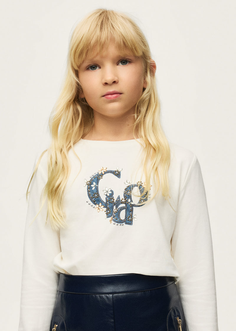 Mayoral Girls Glitter Graphic Long Sleeve Top | Cream 830