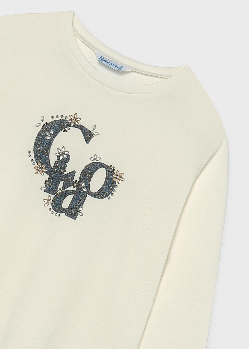 Mayoral Girls Glitter Graphic Long Sleeve Top | Cream 830