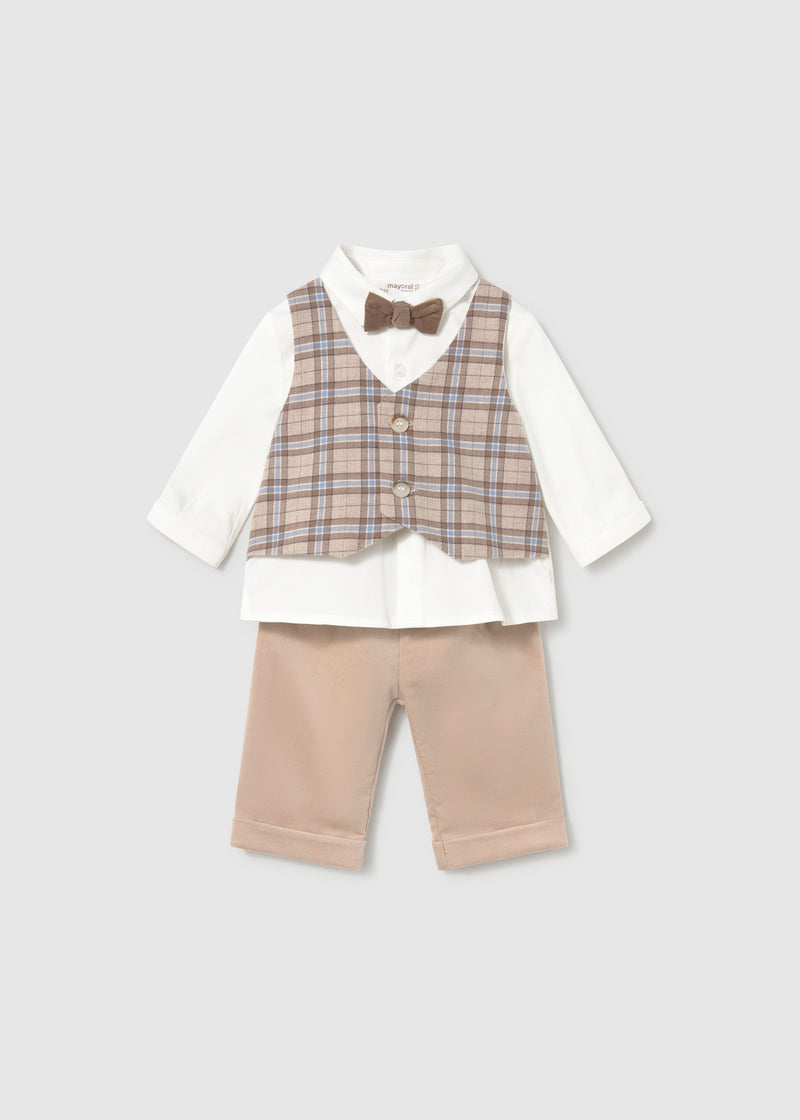 Mayoral Baby Boys 3-Piece Shirt, Waistcoat & Trousers Set | Coffee 2524