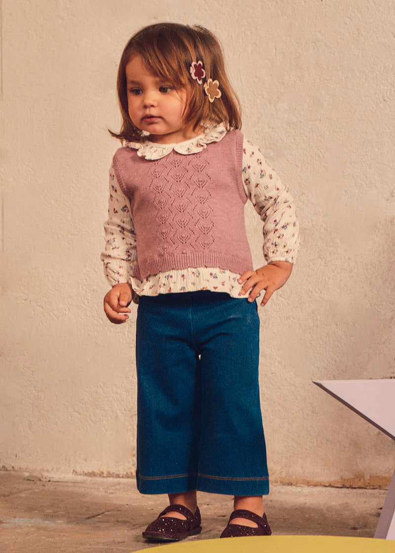 Mayoral Baby Girls Floral Blouse, Knit Vest & Trousers Set | Violet 2536