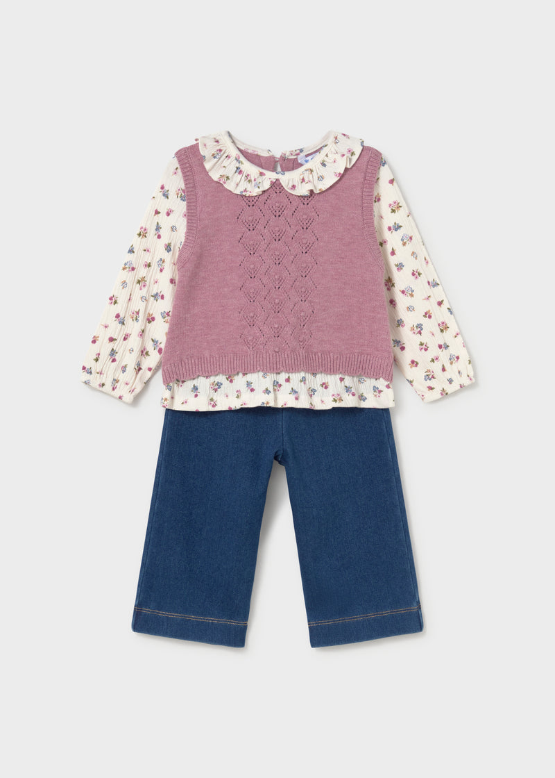 Mayoral Baby Girls Floral Blouse, Knit Vest & Trousers Set | Violet 2536