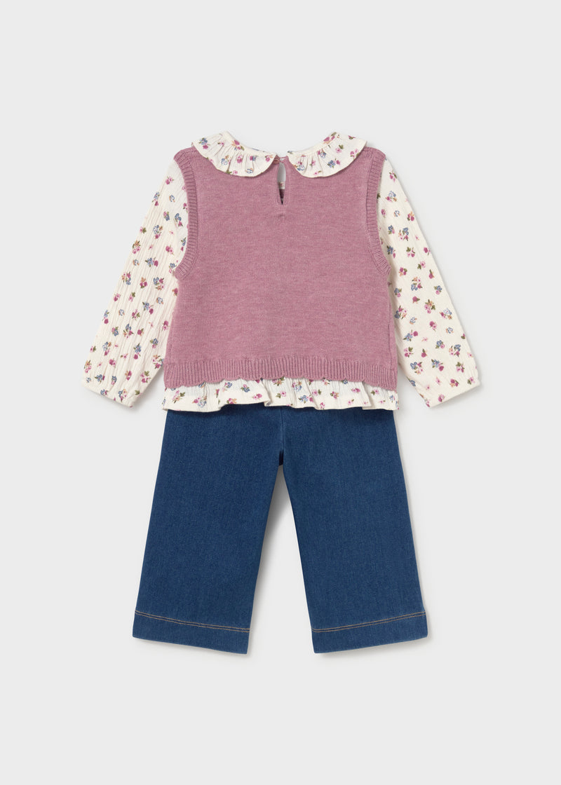Mayoral Baby Girls Floral Blouse, Knit Vest & Trousers Set | Violet 2536