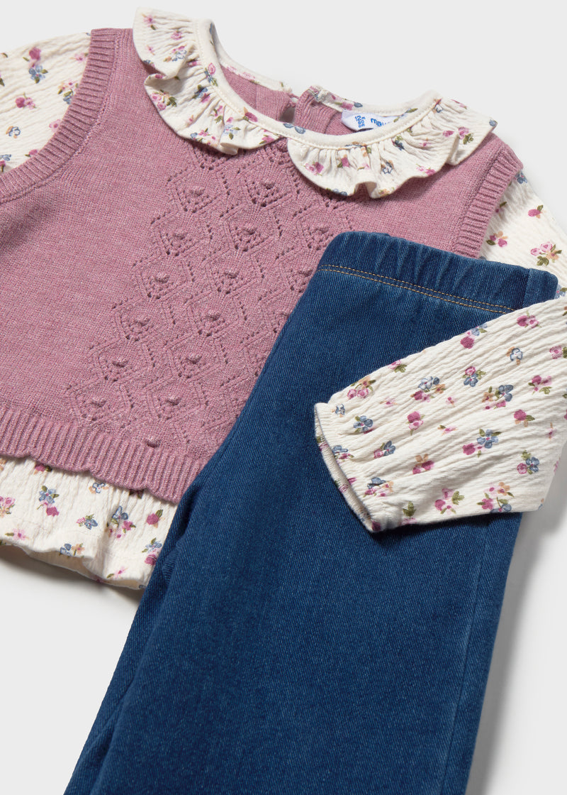Mayoral Baby Girls Floral Blouse, Knit Vest & Trousers Set | Violet 2536