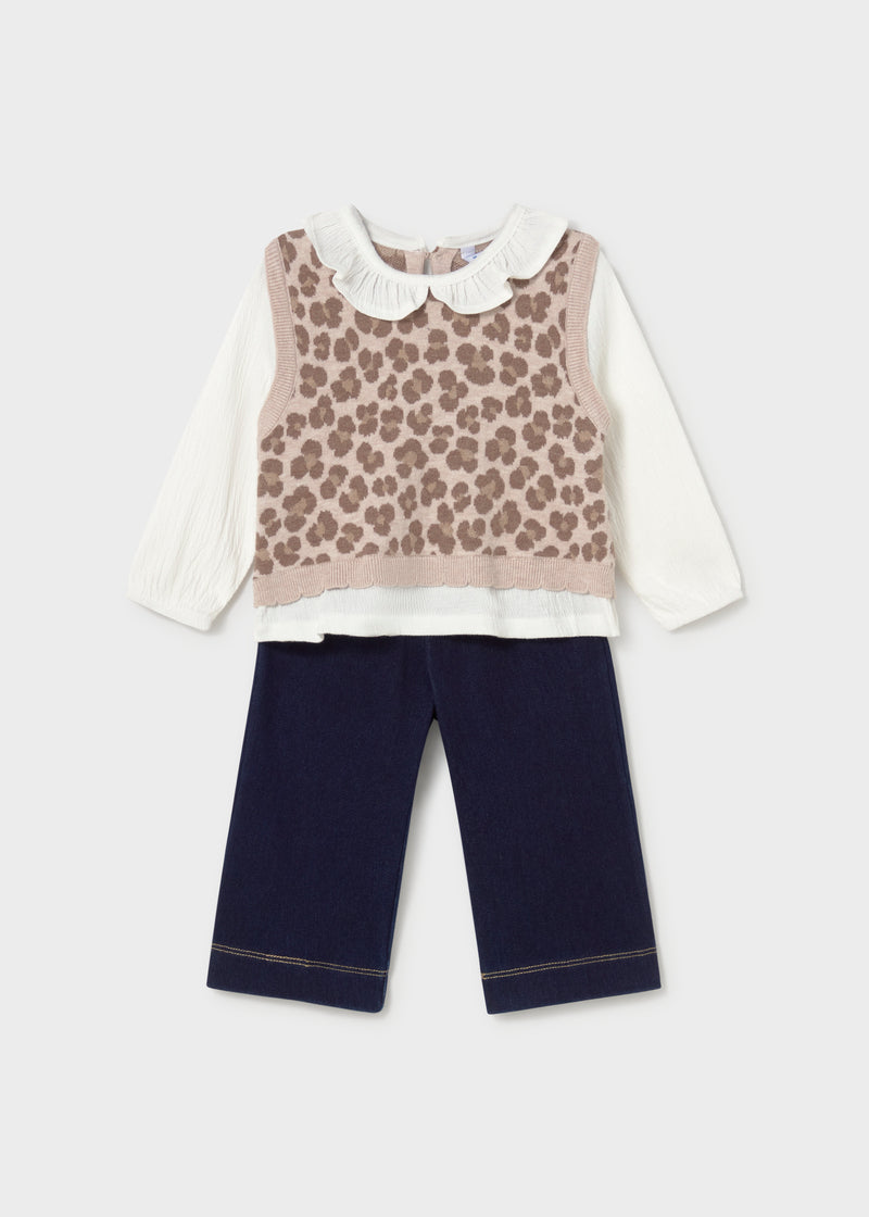 Mayoral Baby Girls Floral Blouse, Knit Vest & Trousers Set | Walnut 2536