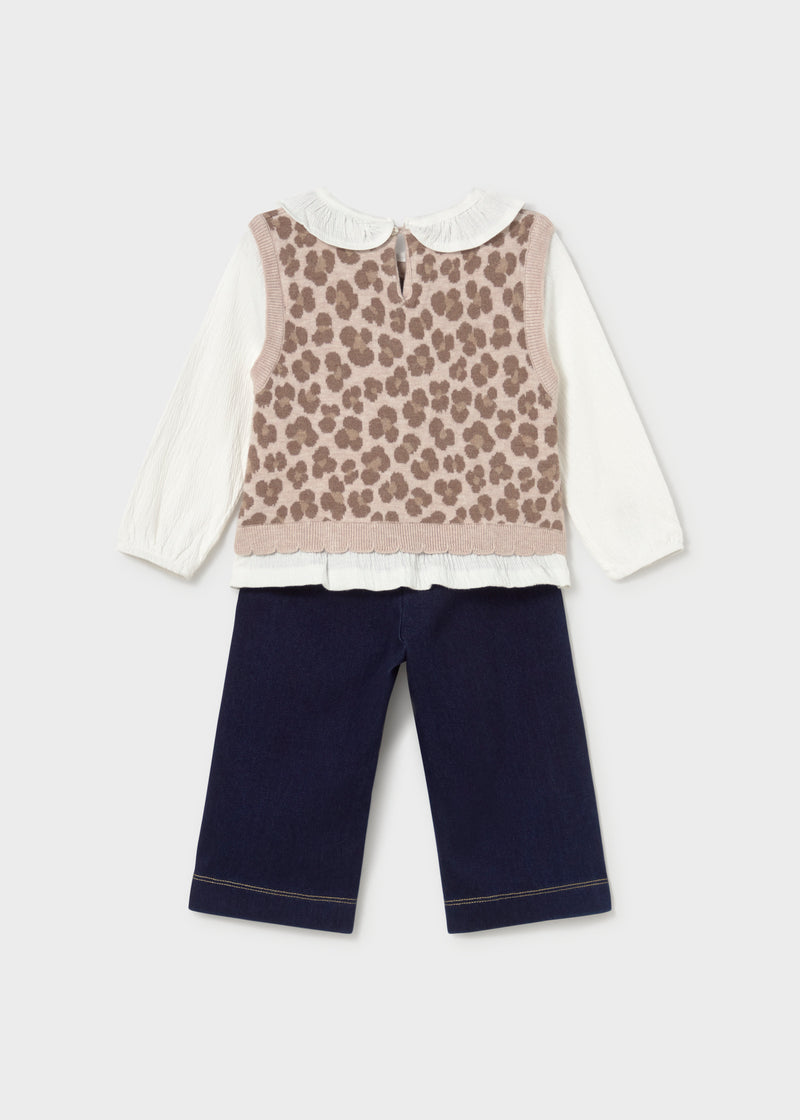 Mayoral Baby Girls Floral Blouse, Knit Vest & Trousers Set | Walnut 2536
