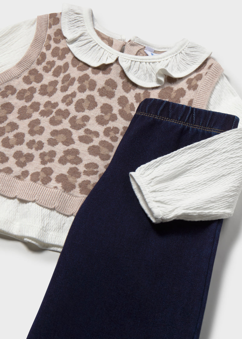 Mayoral Baby Girls Floral Blouse, Knit Vest & Trousers Set | Walnut 2536