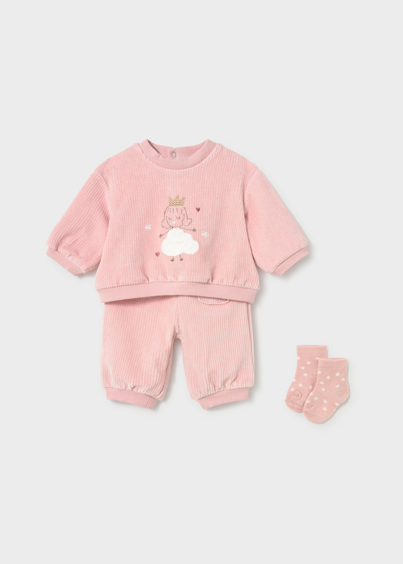Mayoral Baby Girls 3-Piece Velour Sweatshirt, Joggers & Socks Set | Rose 2654