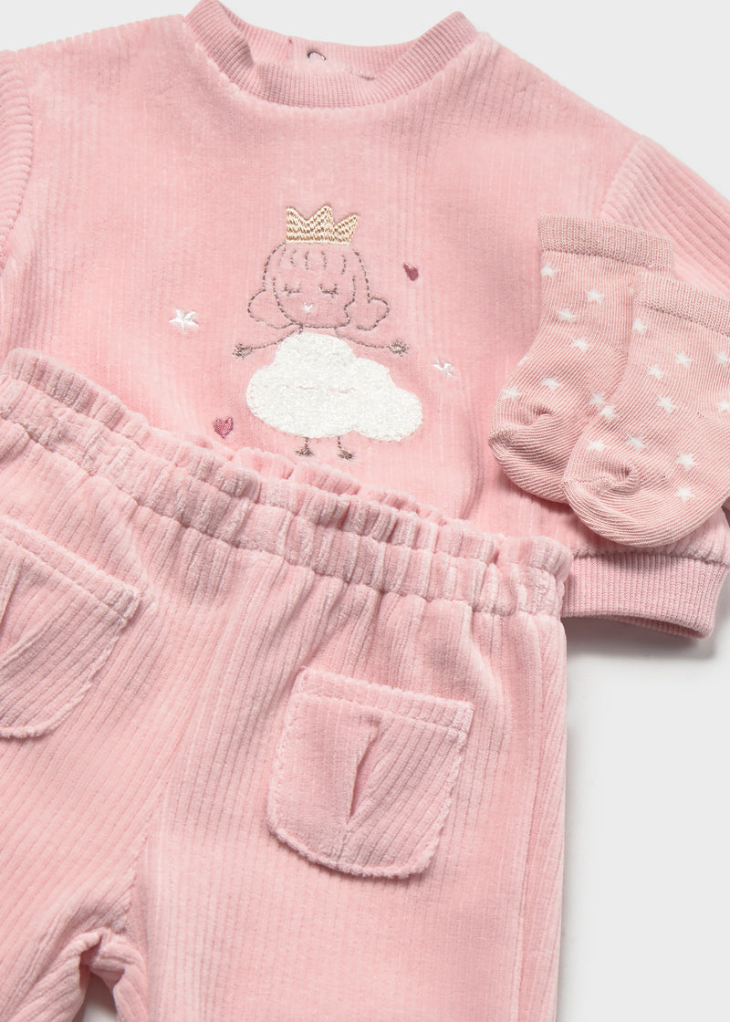 Mayoral Baby Girls 3-Piece Velour Sweatshirt, Joggers & Socks Set | Rose 2654
