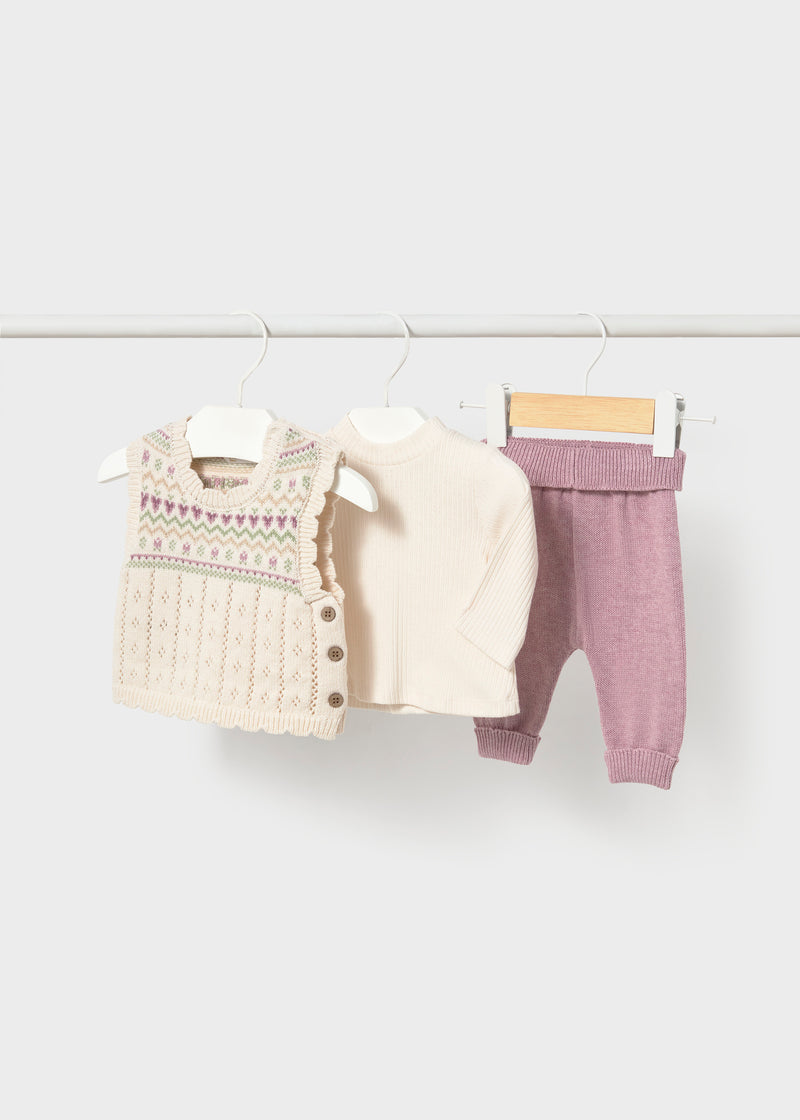 Mayoral Baby Girls 3-Piece Fair Isle Knit Vest, Top & Knit Trousers Set | Mauve 2757