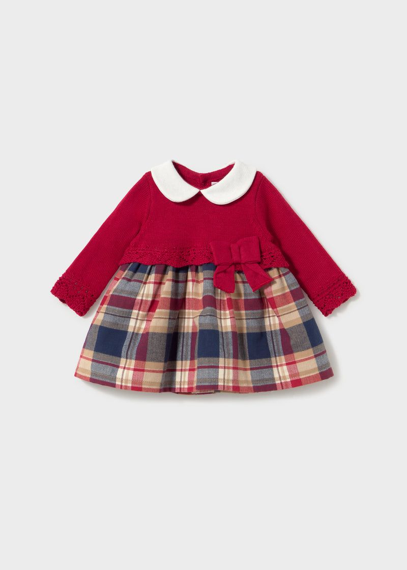 Mayoral Baby Girls Knit Bodice & Tartan Knit Dress | Red 2801