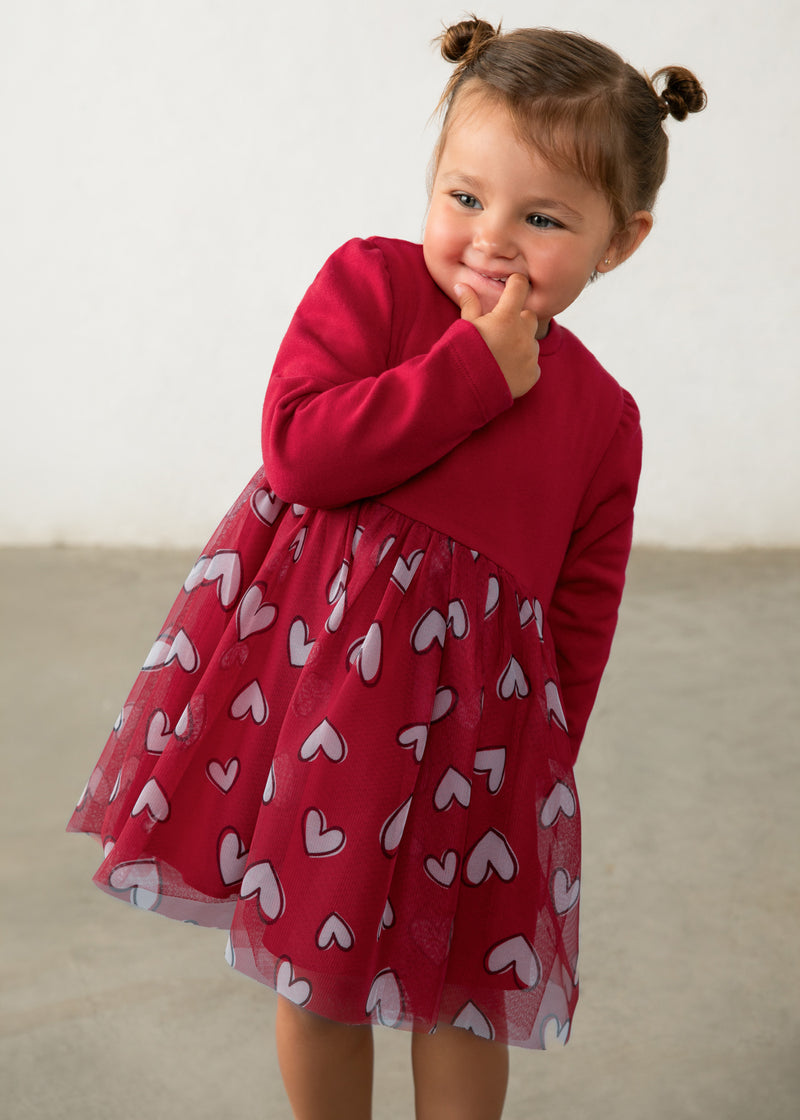 Mayoral Girls Heart Print Tulle Dress | Red 2941