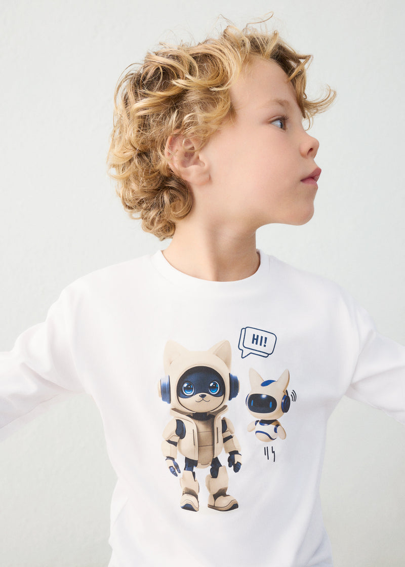 Mayoral Boys Long Sleeve Robot Print T-Shirt | Cream 4014