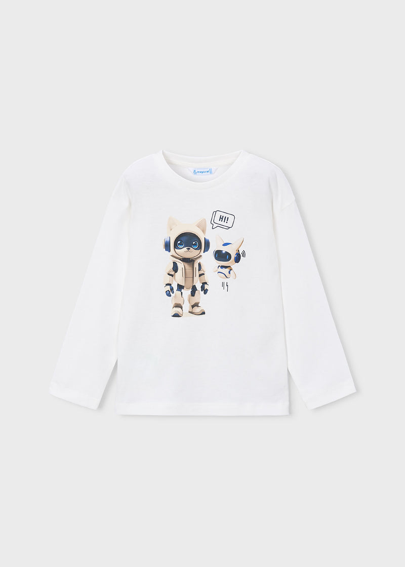 Mayoral Boys Long Sleeve Robot Print T-Shirt | Cream 4014