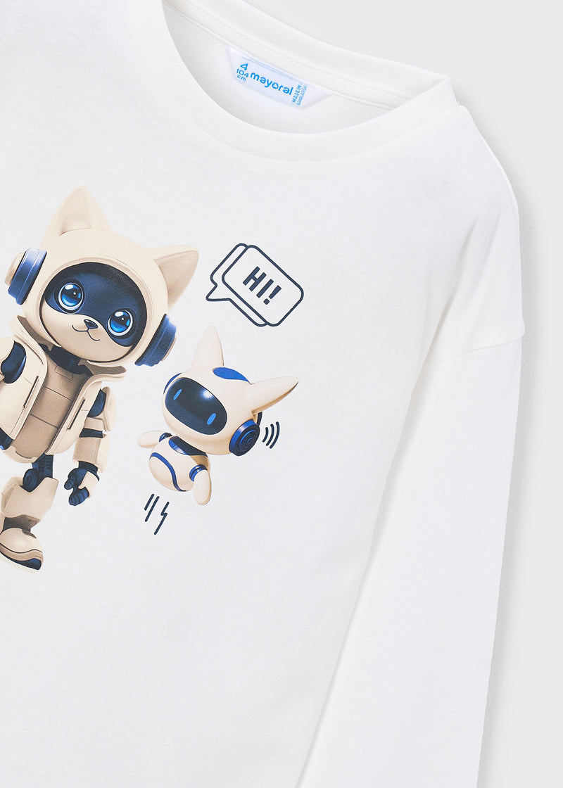 Mayoral Boys Long Sleeve Robot Print T-Shirt | Cream 4014