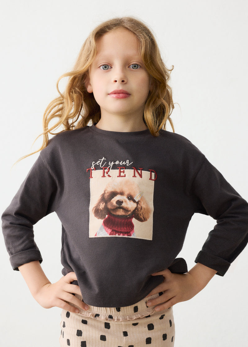 Mayoral Girls Long Sleeve Dog Print T-Shirt | Coal 4030
