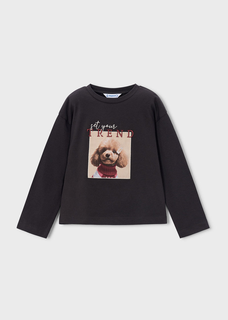 Mayoral Girls Long Sleeve Dog Print T-Shirt | Coal 4030