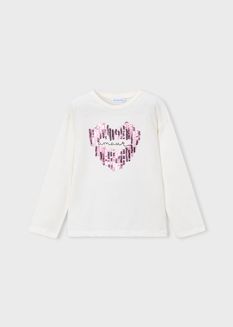Mayoral Girls Long Sleeve Sequin Heart T-Shirt | Natural 4031