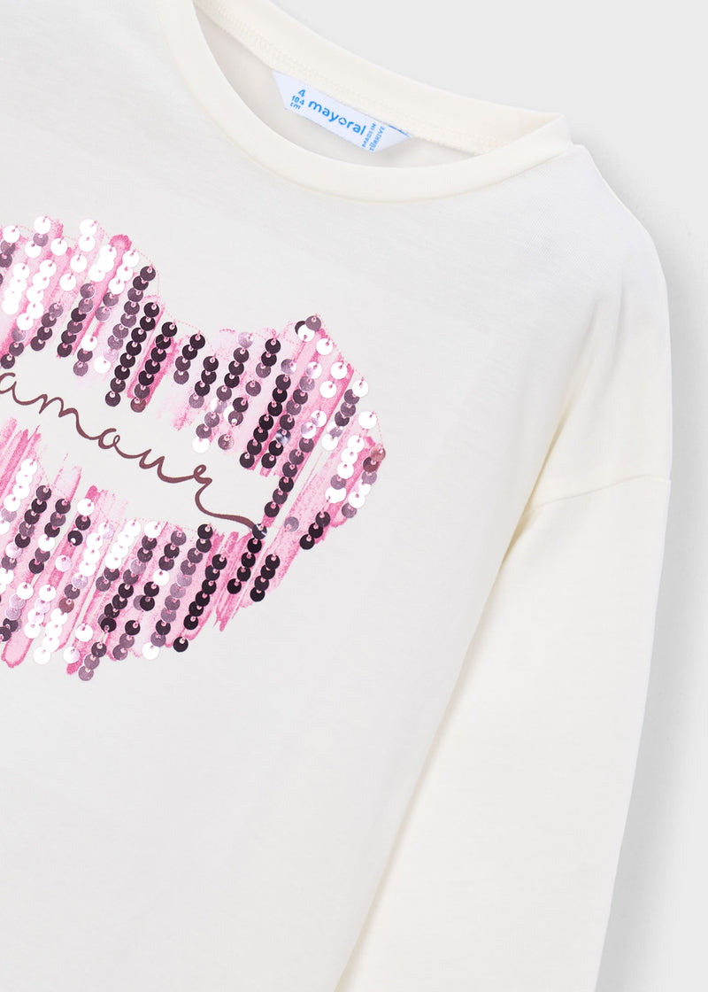 Mayoral Girls Long Sleeve Sequin Heart T-Shirt | Natural 4031