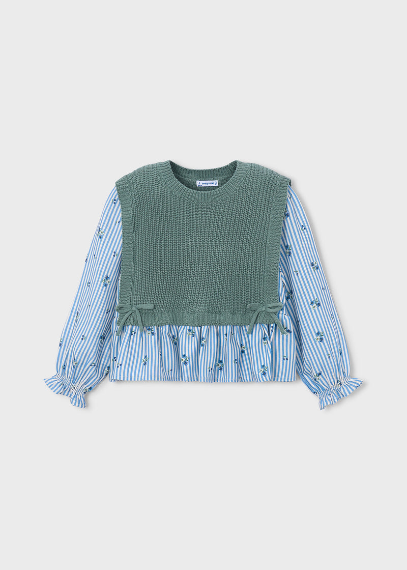Mayoral Girls Knit Vest & Floral Stripe Top | Bayleaf 4036