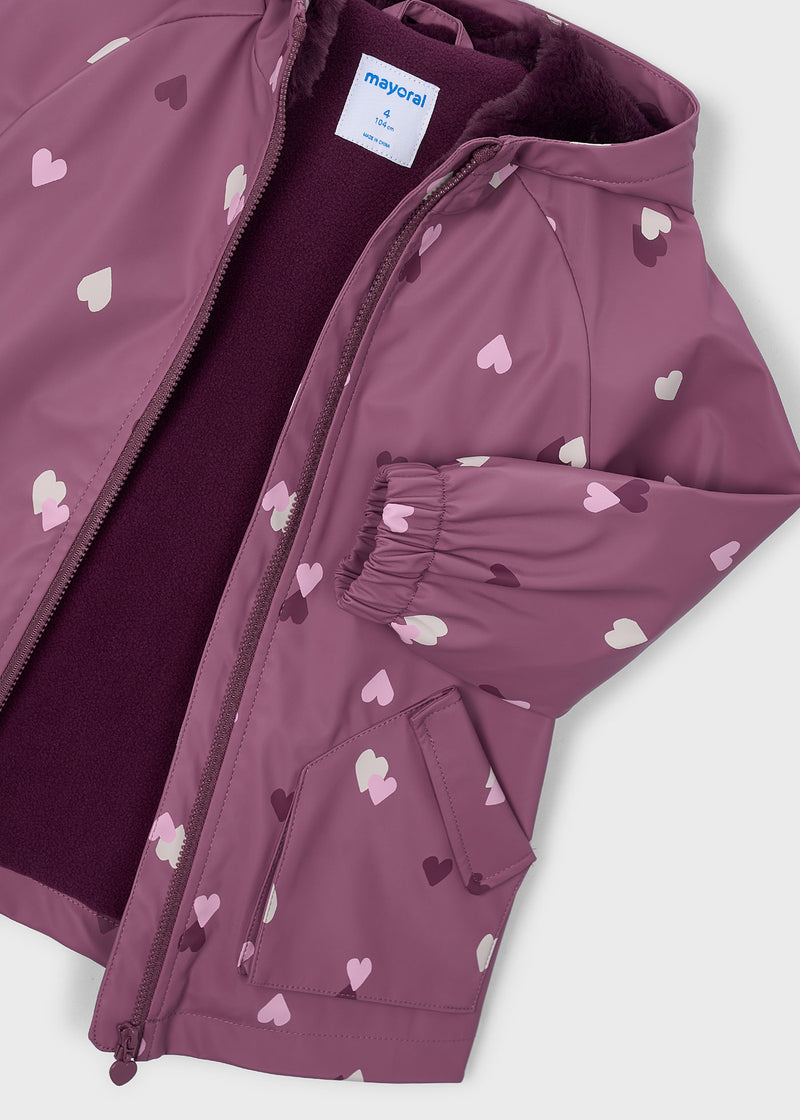 Mayoral Girls Heart Print Fleece-Lined Rain Jacket | Violet 4424