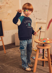 Mayoral Boys Wide Leg Cargo Denim Jeans - model front view styled with sweatshirt