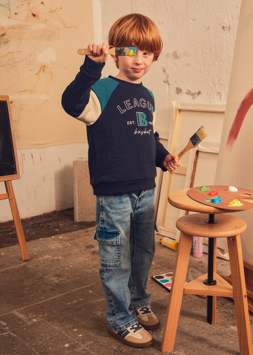 Mayoral Boys Wide Leg Cargo Denim Jeans - model front view styled with sweatshirt