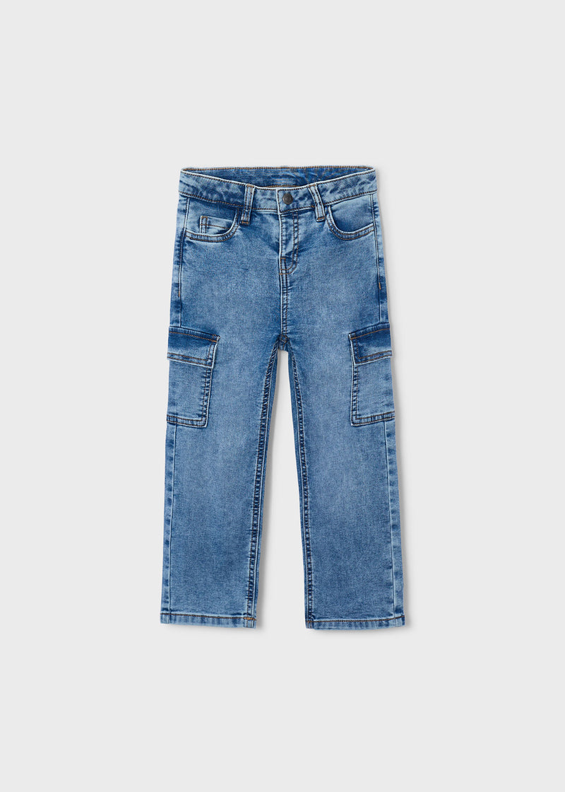 Mayoral Boys Wide Leg Cargo Denim Jeans - front view flat lay showing cargo pockets