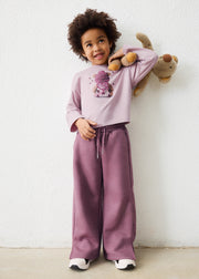 Mayoral Girls Wide Leg Fleece Joggers - model front view styled with graphic long-sleeve top