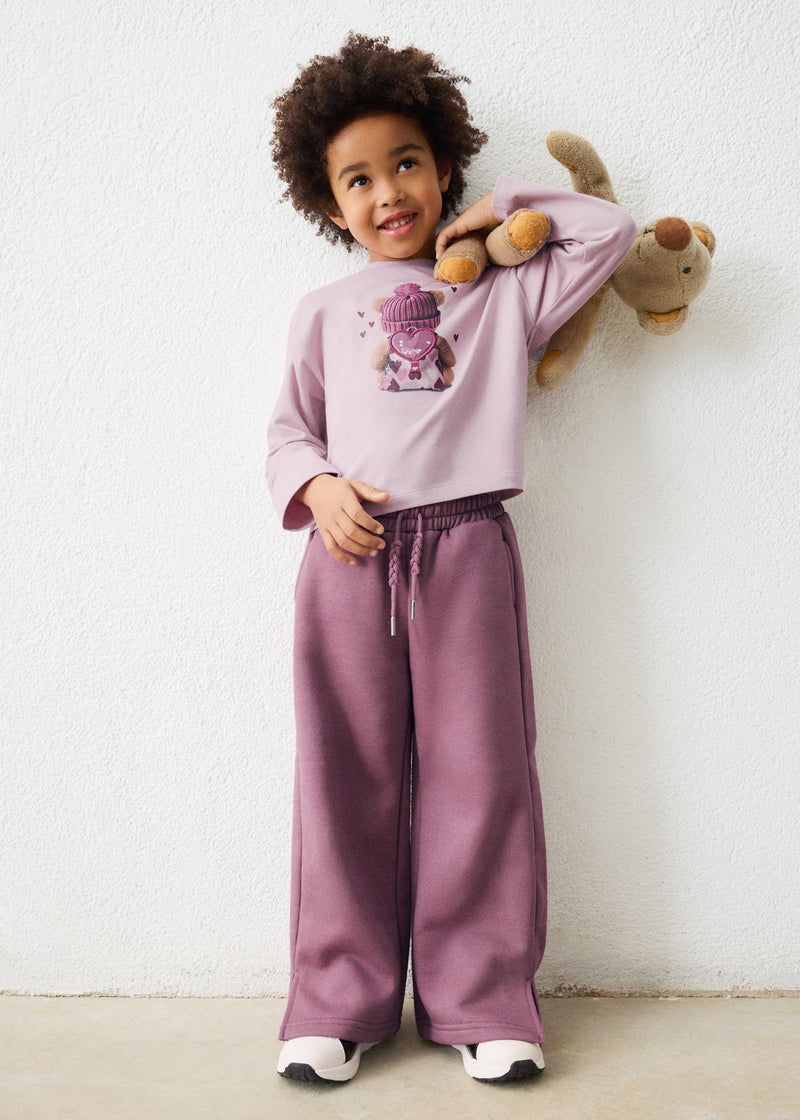 Mayoral Girls Wide Leg Fleece Joggers - model front view styled with graphic long-sleeve top