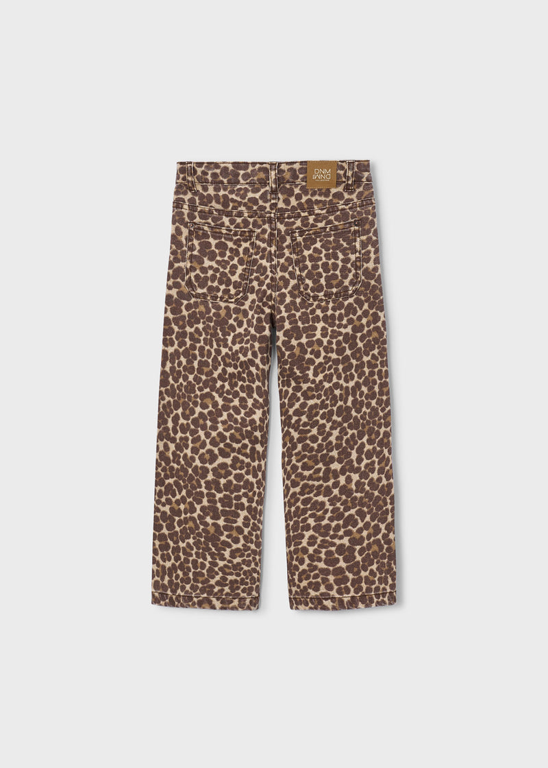 Mayoral Girls Leopard Print Wide Leg Jeans - back view flat lay showing patch pockets and leather tab
