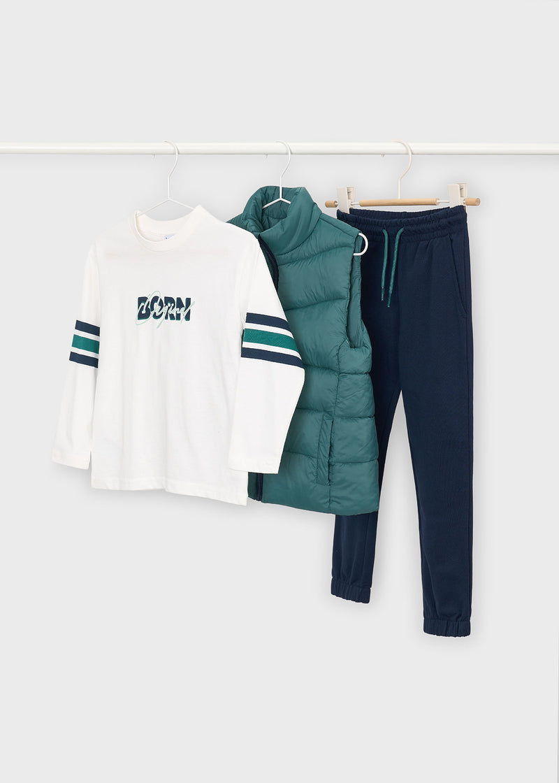 Mayoral Boys 3-Piece Puffer Gilet Set - teal quilted puffer gilet flat lay
