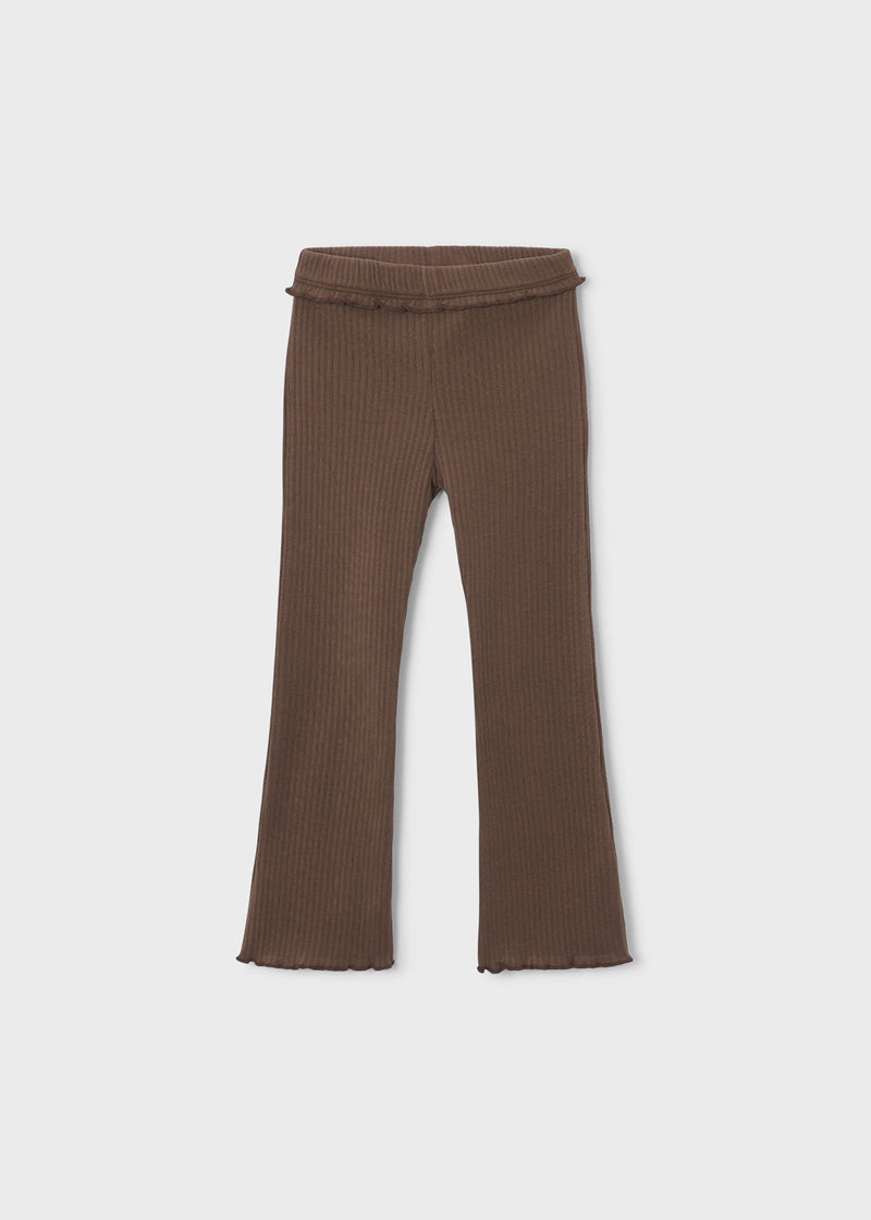 Mayoral Girls Ribbed Flare Leggings - front view flat lay in chocolate brown