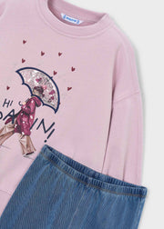 Mayoral Girls Hi Rain 2-Piece Set - sequin umbrella Hi Rain graphic sweatshirt close up