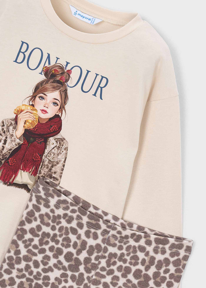Mayoral Girls Bonjour 2-Piece Set - sweatshirt Bonjour graphic and leopard leggings close up