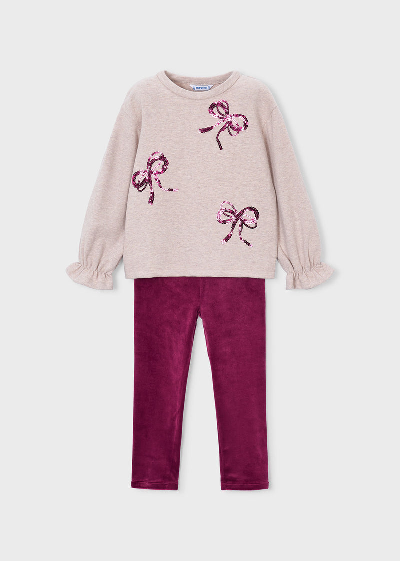 Mayoral Girls Sequin Bow & Velvet Leggings Set - front view flat lay showing sequin bow sweatshirt and berry velvet leggings