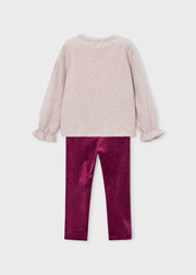Mayoral Girls Sequin Bow & Velvet Leggings Set - back view flat lay showing frill cuffs and velvet leggings