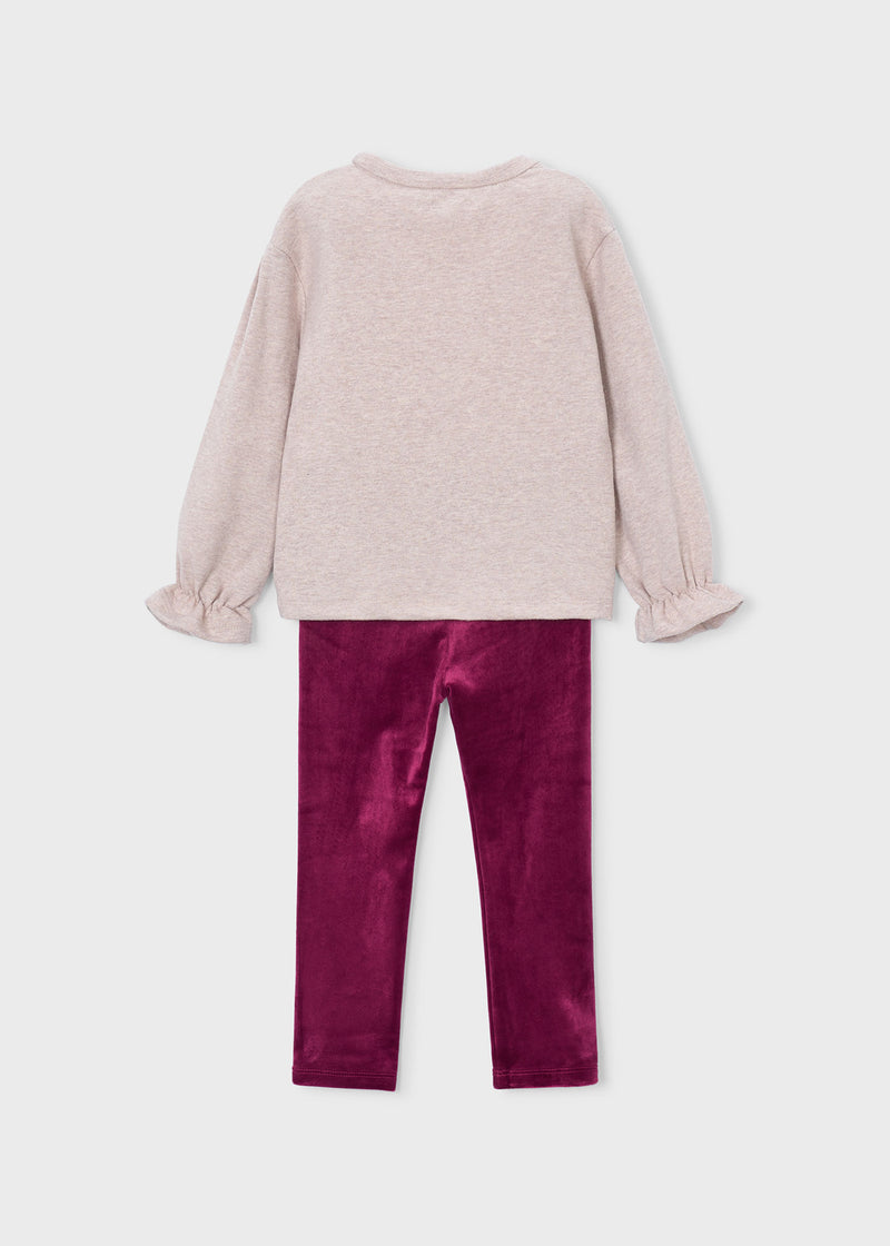 Mayoral Girls Sequin Bow & Velvet Leggings Set - back view flat lay showing frill cuffs and velvet leggings