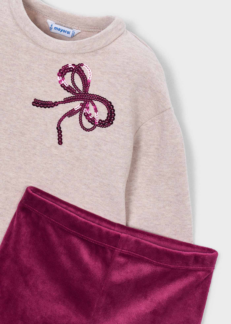Mayoral Girls Sequin Bow & Velvet Leggings Set - close up of sequin bow embroidery and velvet leggings waistband