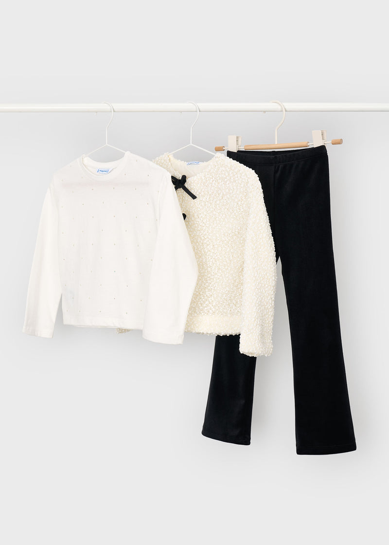 Mayoral Girls 3-Piece Occasion Set - black velvet flare trousers flat lay