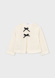 Mayoral Girls 3-Piece Occasion Set - bouclé cardigan with black velvet bow closures flat lay
