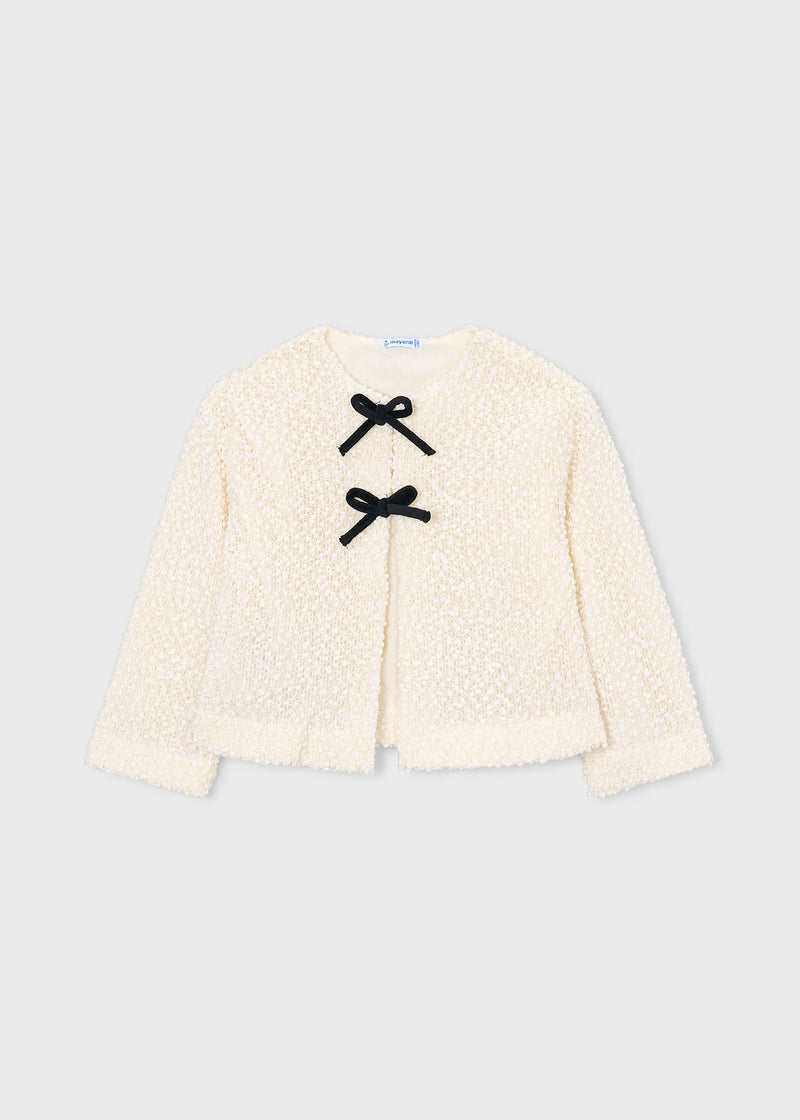 Mayoral Girls 3-Piece Occasion Set - bouclé cardigan with black velvet bow closures flat lay