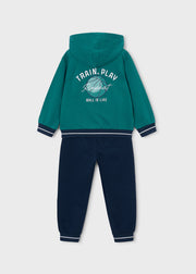 Mayoral Boys Ball Is Life Tracksuit Set - back view flat lay showing Train Play Repeat graphic