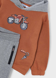 Mayoral Boys On Wheels Tracksuit Set - motorcycle chest graphic and zip pocket close up detail