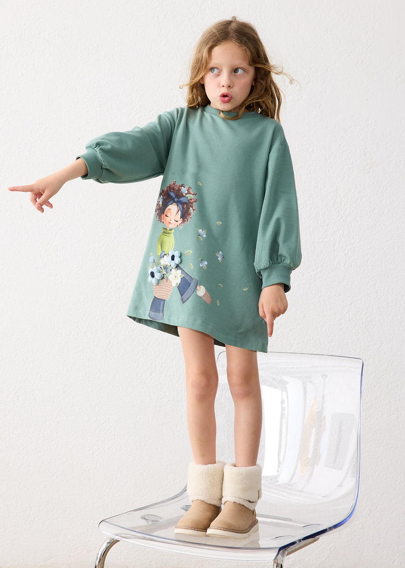 Mayoral Girls Flower Girl Sweatshirt Dress - model full length view standing on chair with cream boots