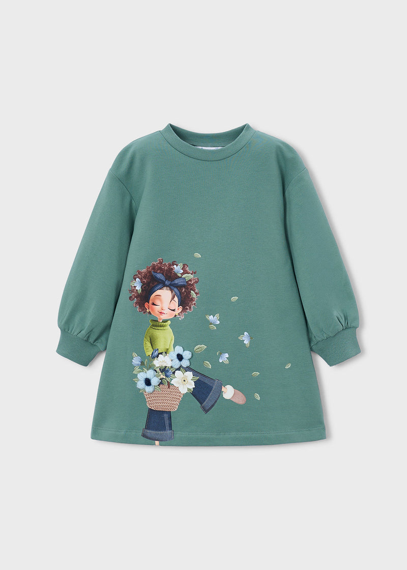 Mayoral Girls Flower Girl Sweatshirt Dress - front view flat lay showing full graphic
