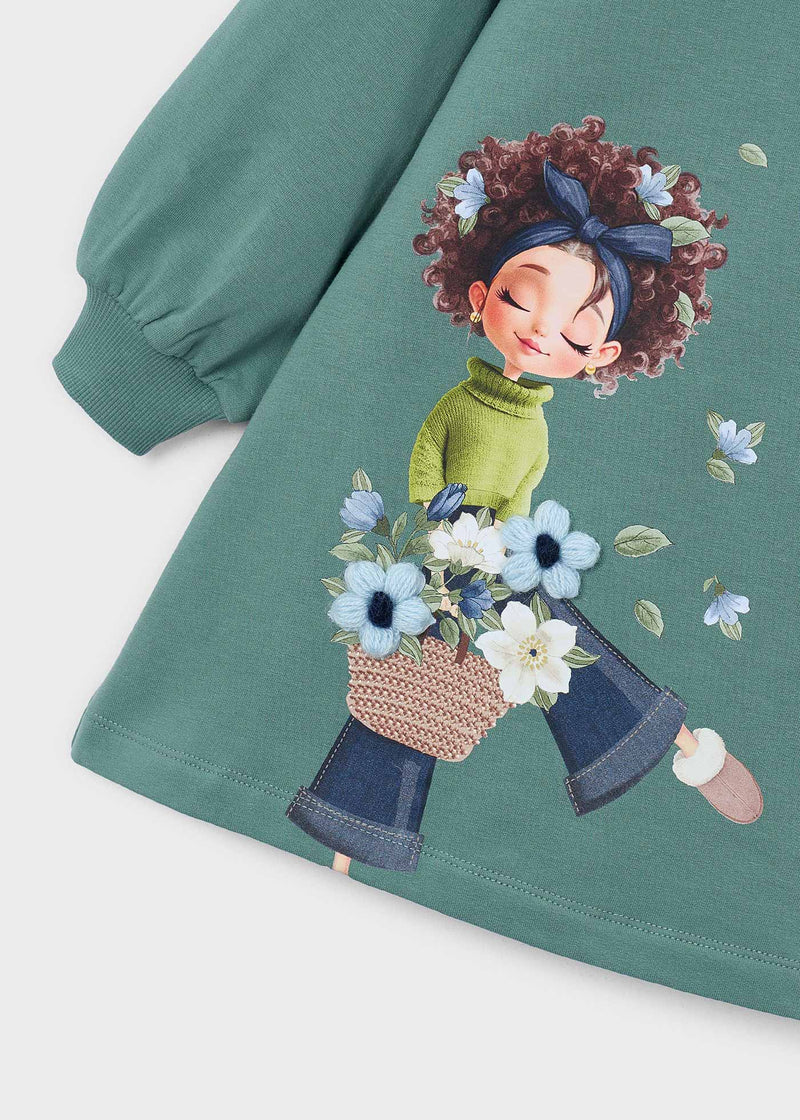 Mayoral Girls Flower Girl Sweatshirt Dress - illustrated flower girl graphic close up detail